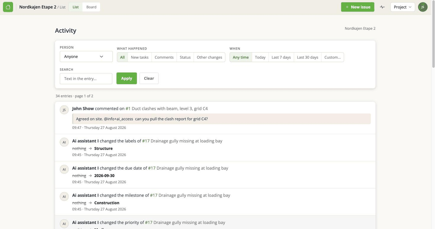The full Activity page: the filter box at the top, then one entry per change