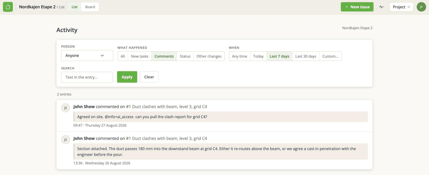 The Activity page filtered to comments from the last seven days