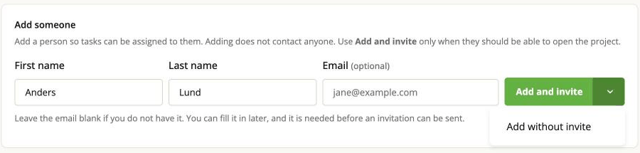 The Add someone form with the arrow open, showing Add without invite under Add and invite