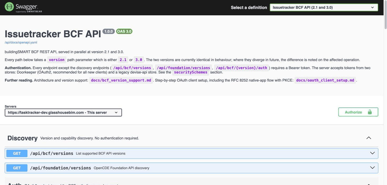 The API reference at /api/docs: a Swagger page listing every endpoint, grouped by area
