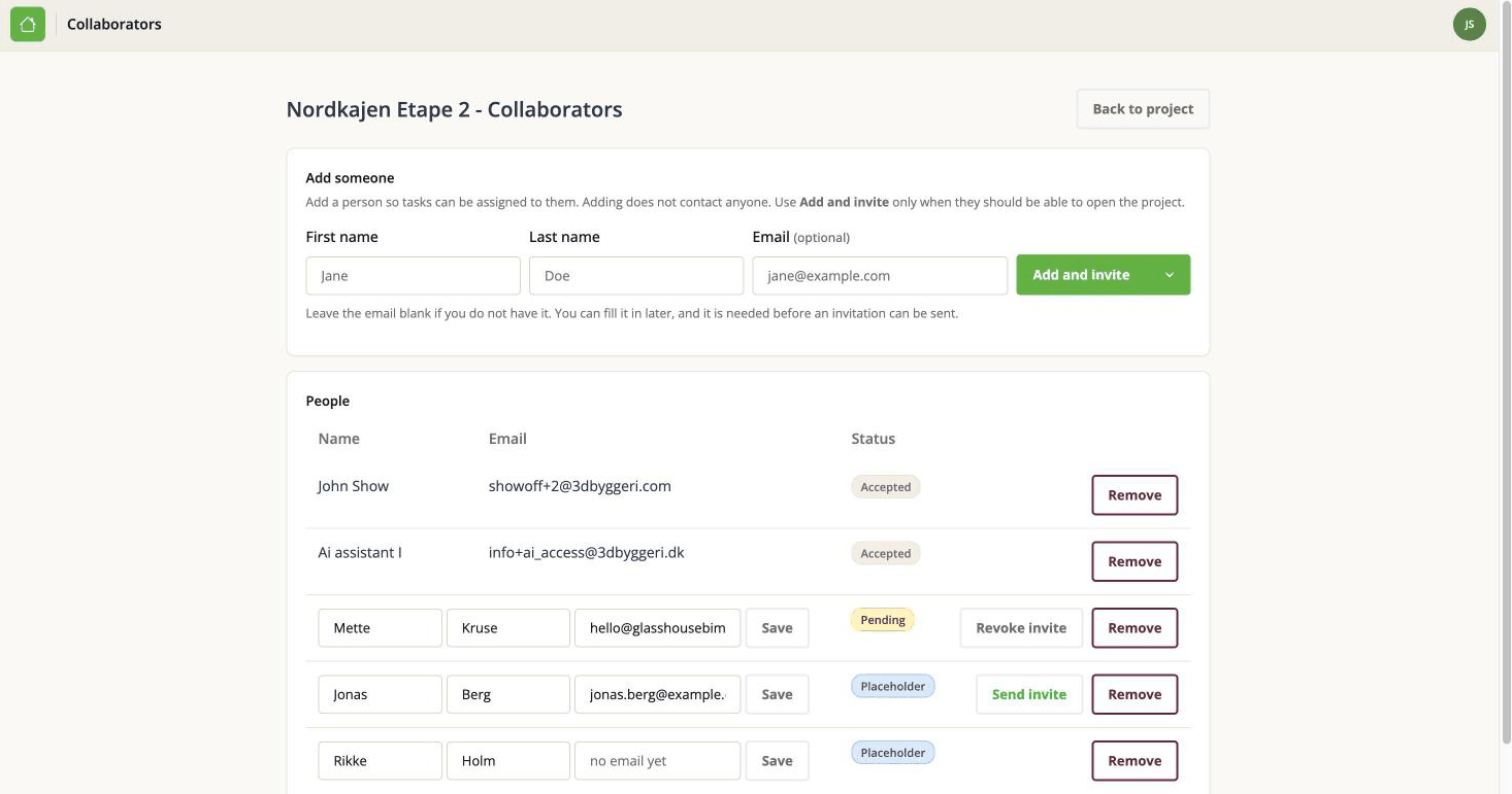 The Collaborators page: two accepted people, one pending invitation, and two placeholders