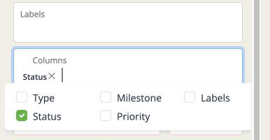 The Columns picker inside the filter panel, with Status ticked
