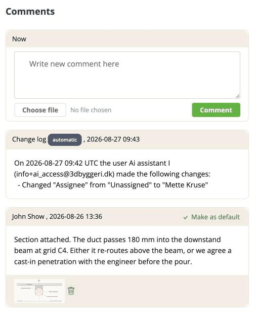 The comment box, an automatic change-log entry, and a comment with an image attached