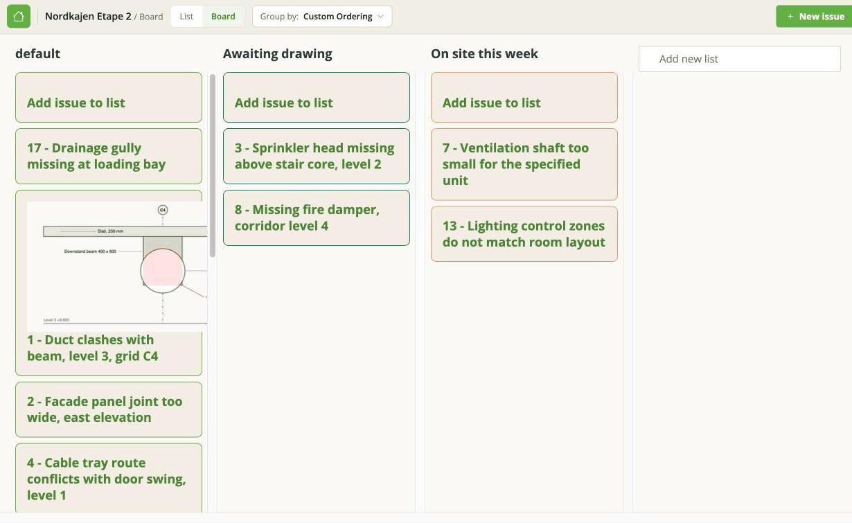 A Custom Ordering board with the default list and two lists of its own