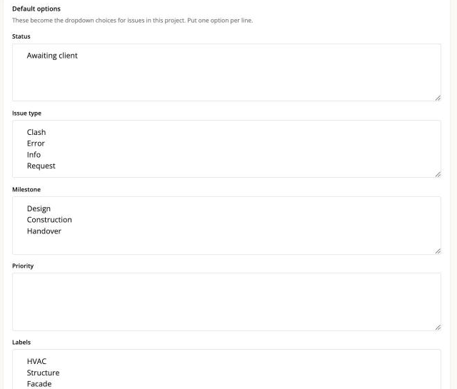 The Default options box: one value per line for Status, Issue type, Milestone and Priority