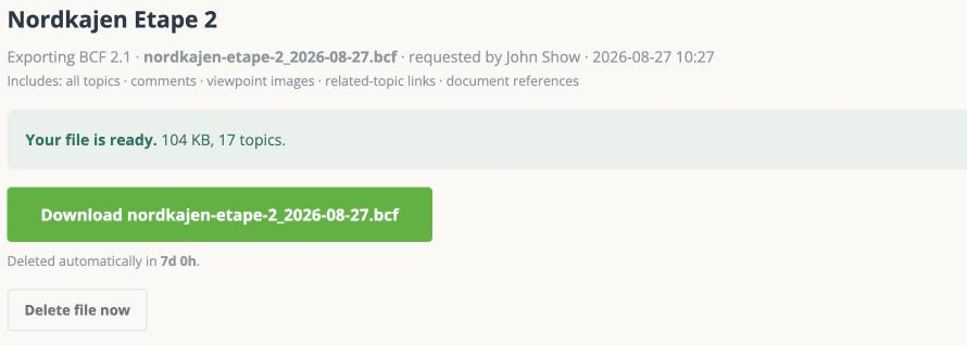 The finished export: file size, topic count, a download button, and when the file is deleted