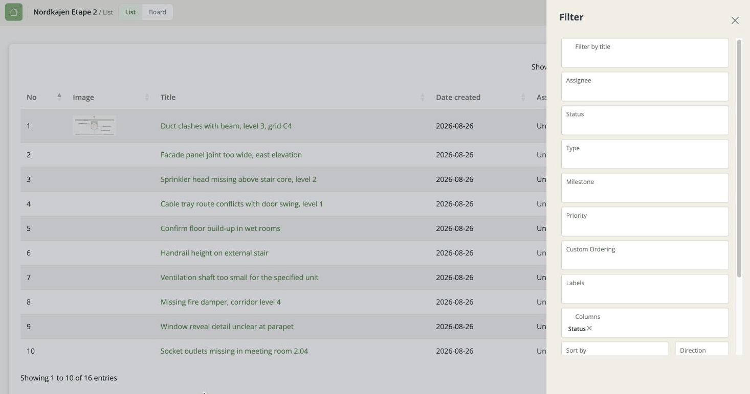 The filter panel open over the list