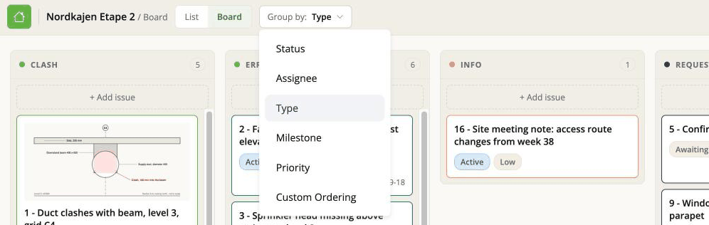 The Group by menu open, showing Status, Assignee, Type, Milestone, Priority and Custom Ordering