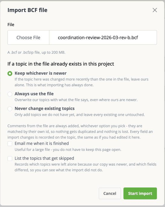 The Import BCF file dialog, with the three choices for topics that already exist