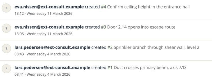The activity feed after an import: each issue created by its original author, on the date in the file