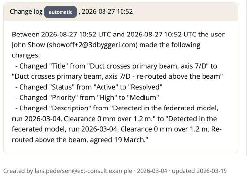 An automatic change-log comment dated the day of the import, above an issue whose own dates are the file's