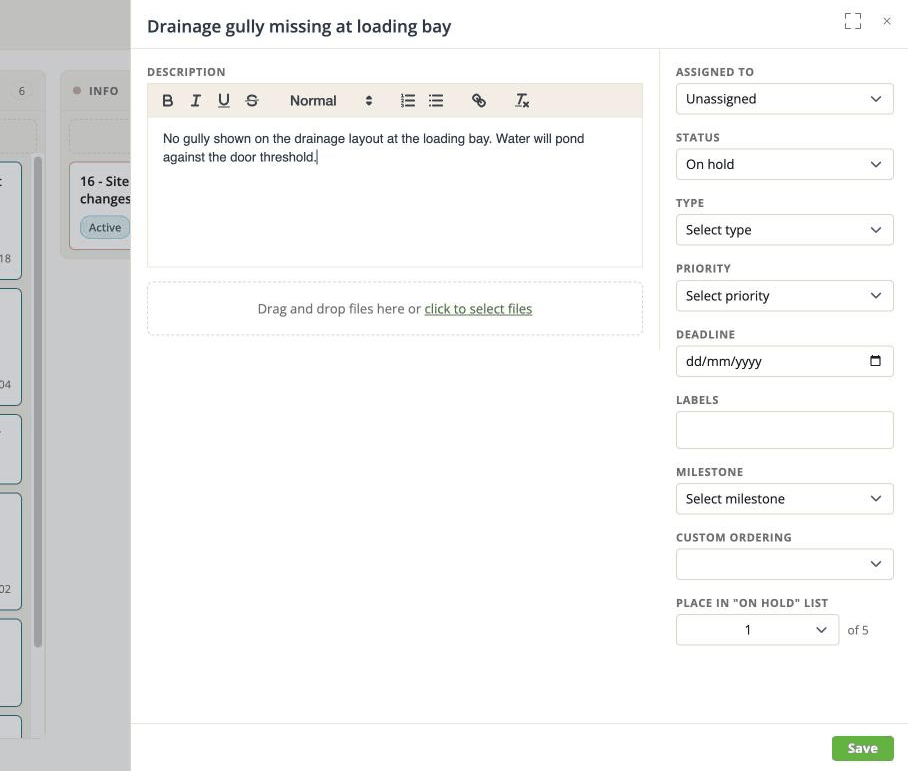 A new issue being written: title, description, and the fields down the right-hand side