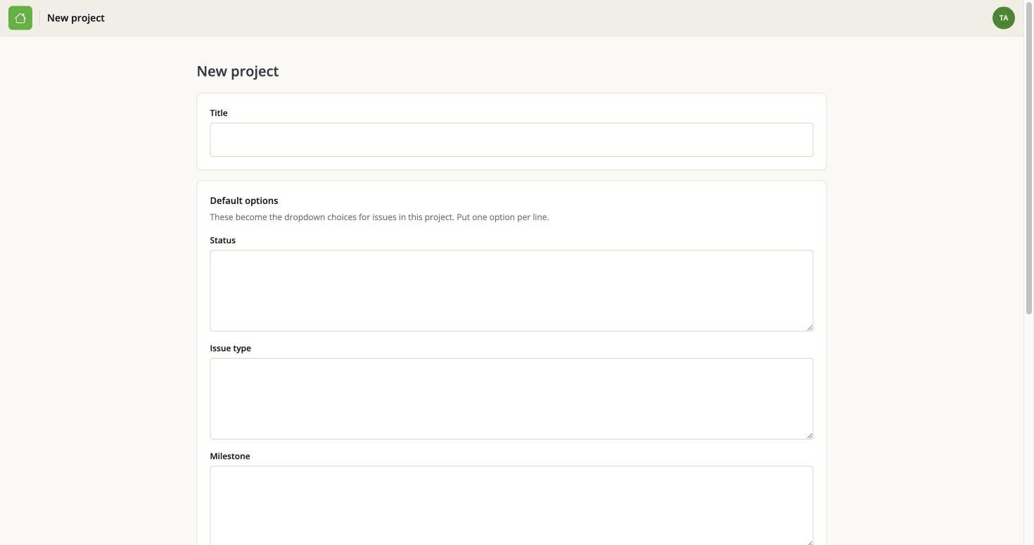 The New project form: a title, then empty boxes for the project's own options