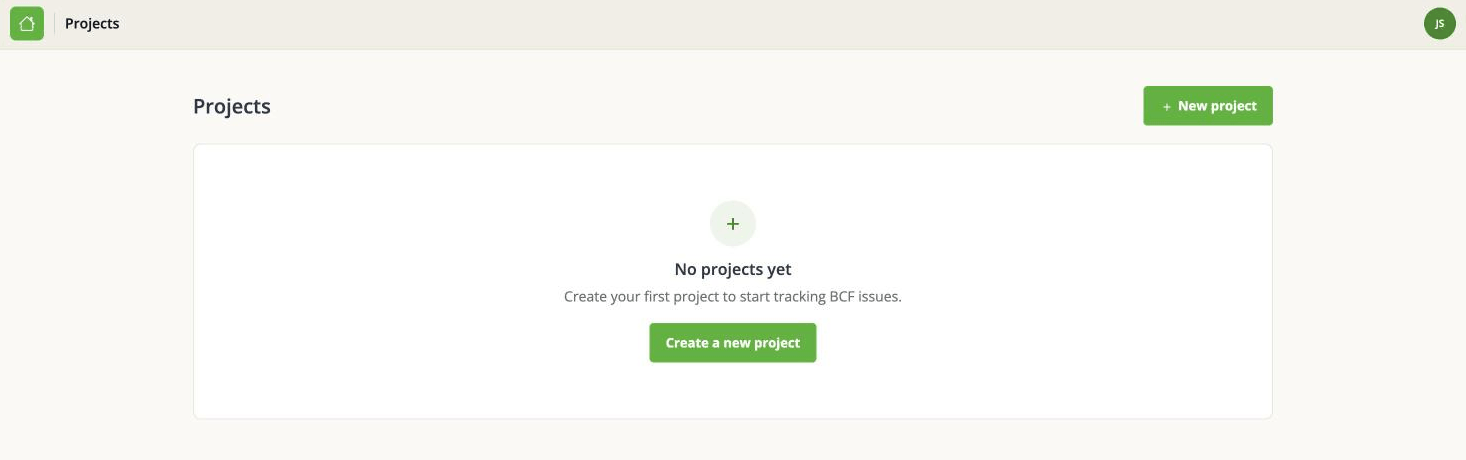 The projects overview on a new account: one button, Create a new project