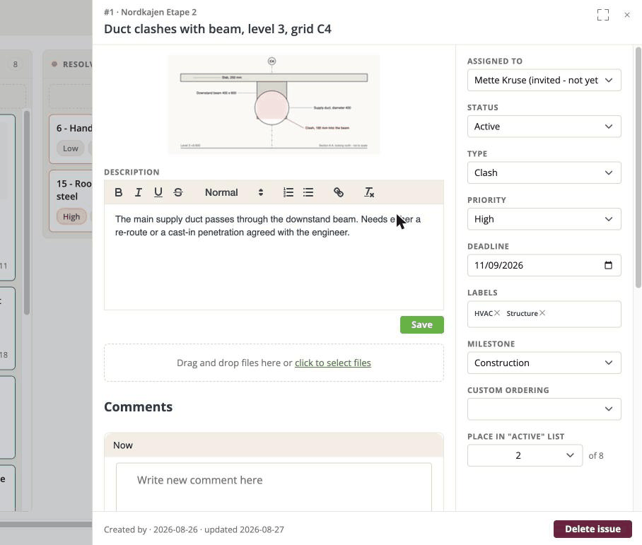 The issue panel open over the list: the drawing, the description, and the fields down the right-hand side