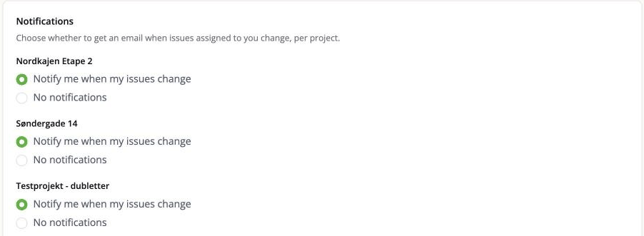 The Notifications box on the Profile page, with one setting per project