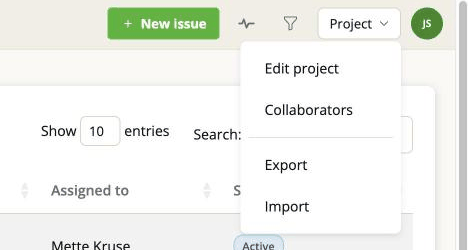 The Project menu open: Edit project, Collaborators, Export, Import