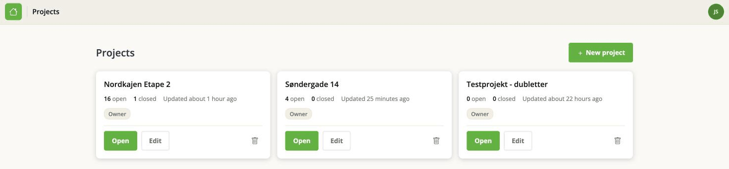 The Projects page: one card per project, with its open and closed counts and an Owner badge