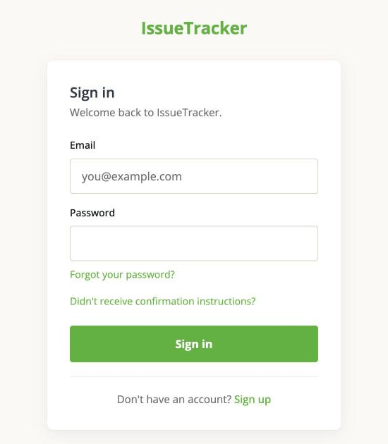 The sign-in page: email, password, and links for a forgotten password and a missing confirmation email