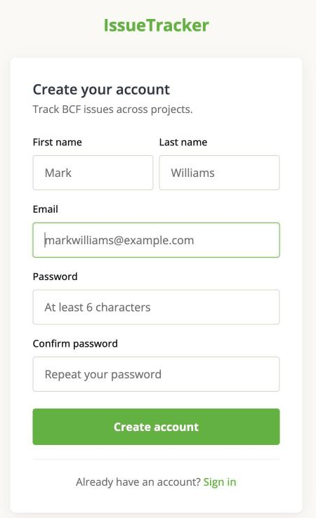 The Create your account form: first and last name, email, password and confirmation
